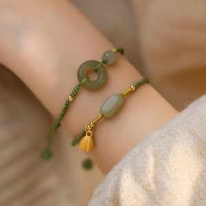 Buddha Stones Lotus Jade Peace Buckle Bead Luck Happiness Charm String Bracelet Bracelet BS main
