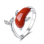 Buddha Stones 925 Sterling Silver Cute Dolphin Hetian Jade Red Agate Luck Necklace Pendant Ring Earrings Set Bracelet Necklaces & Pendants BS Ring(Adjustable) Red Agate