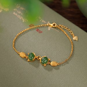 Buddha Stones 925 Sterling Silver Natural Hetian White Jade Cyan Jade Lovely Fox Luck Bracelet Bracelet BS Cyan Jade(Success♥Healing)