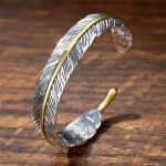 Buddha Stones Feather Pattern Carved Luck Wealth Cuff Bracelet Bangle Bracelet Bangle BS 1
