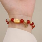 Buddha Stones Year Of The Dragon Red Agate Strawberry Quartz Black Obsidian Jade Garnet Pearl Cinnabar Dumpling Dragon Luck Fu Character Bracelet Bracelet BS 4
