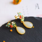 Buddha Stones Water Drop White Jade Red Agate Butterfly Protection Drop Dangle Earrings Earrings BS 2