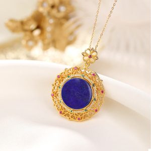 Buddha Stones 925 Sterling Silver Plated Gold Lazurite Positive Necklace Pendant Necklaces & Pendants BS 925 Sterling Silver&Lazurite