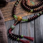 Buddha Stones Natural Tibet 108 Mala Beads Purple Bodhi Seed Hetian Cyan Jade Copper Dorje Peace Bracelet Mala Bracelet BS 7