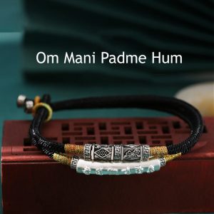 Buddha Stones 999 Sterling Silver Handmade Om Mani Padme Hum Peace Braided Bracelet Bracelet BS Black Om Mani Padme Hum(Bracelet Size 22.5cm)