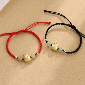 Buddha Stones Lucky Money Bag Fu Character Jade Bead Luck Braided Bracelet Bracelet BS main