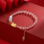 Buddha Stones Year of the Dragon Dumpling Natural Red Agate Garnet Hetian Jade Fu Character Luck Success Bracelet Bracelet BS Strawberry Quartz Moonstone(Wrist Circumference 14-16cm)