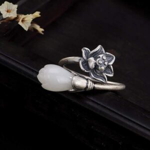 Buddha Stones Jade Lotus Copper Balance Healing Adjustable Ring Ring BS Copper