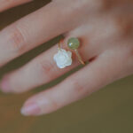 Buddha Stones 14K Gold Plated Tridacna Stone Rose Flower Jade Bead Blessing Ring Ring BS 8