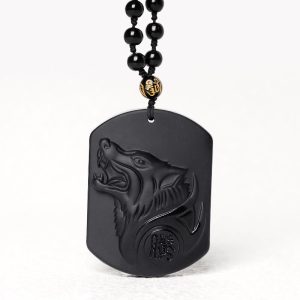 Buddha Stones Black Obsidian Stone Wolf Purification Pendant Necklace Necklaces & Pendants BS main