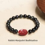 Buddha Stones Chinese Zodiac Natal Buddha Natural Black Obsidian Cinnabar Purification Bracelet Bracelet BS 8mm Rabbit-Manjushri Bodhisattva(Wrist Circumference 14-17cm)