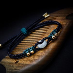 Buddha Stones Round Peace Buckle Jade Abundance Wealth String Bracelet Bracelet BS Black(Wrist Circumference 14-18cm)