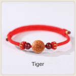 Buddha Stones Natural Peach Wood Chinese Zodiac Fu Character Carved Cinnabar Wealth Bracelet Bracelet BS Tiger-Red(Wrist Circumference 14-22cm)