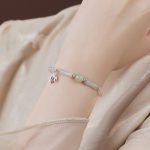 Buddha Stones 925 Sterling Silver Natural Tianshan Jade Bamboo Charm Luck Bracelet 7