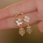 Buddha Stones Tridacna Stone Flower Jade Bead Blessing Drop Earrings