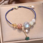 Buddha Stones Moonstone Sunstone Beads Peace Buckle Charm Healing Bracelet Bracelet BS Blue Rope Moonstone(Wrist Circumference 14-17cm)