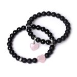 Buddha Stones 2Pcs Black Onyx Crystal Stone Love Heart Protection Support Couple Bracelet Bracelet BS Black Onyx&Pink Crystal