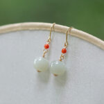 Buddha Stones 925 Sterling Silver 14K Gold Plated Hetian Jade Red Agate Luck Drop Dangle Earrings Earrings BS 12