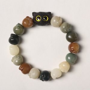 Buddha Stones Natural Bodhi Seed Lovely Paw Ebony Wood Lucky Cat Wisdom Bracelet Bracelet BS Multicolored Bodhi Seed Simple Version(Wrist Circumference 14-15cm)