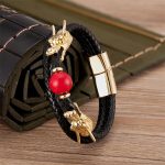 Buddha Stones Double Dragon Head Leather Stone Titanium Steel Success Bracelet (Extra 35% Off | USE CODE: FS35) Bracelet BS Gold Red Bead