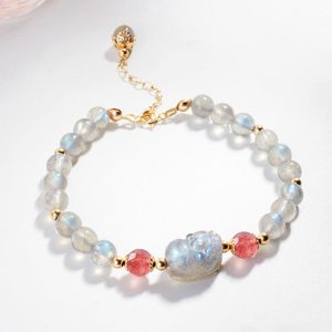 Buddha Stones Moonstone Strawberry Quartz PiXiu Healing Bracelet Bracelet BS Moonstone&Strawberry Quartz