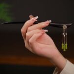 Buddha Stones Natural Peridot Ebony Wood Love Tassels Hairpin Hairpin BS 2