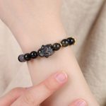 Buddha Stones Gold Sheen Obsidian Black Obsidian Silver Sheen Obsidian Cute Rabbit Protection Bracelet Bracelet BS 11