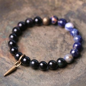 Buddha Stones Black Obsidian Sodalite Crystal Copper Strength Couple Bracelet Bracelet BS Black Obsidian&Sodalite 18cm