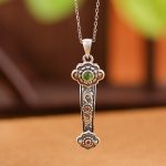 Buddha Stones 925 Sterling Silver Red Agate Cyan Jade Auspicious Clouds Ruyi Handle Blessing Necklace Pendant Necklaces & Pendants BS 8