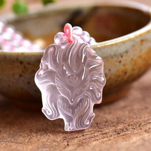 Buddha Stones Natural Pink Crystal Nine Tailed Fox Love Necklace Pendant Necklaces & Pendants BS Pink Crystal(Soothing♥Warmth)