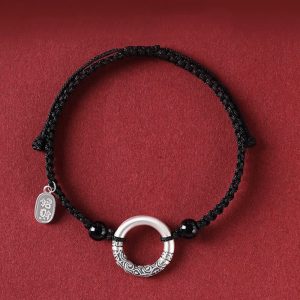 Buddha Stones 925 Sterling Silver Black Onyx Peace Buckle Fu Character Charm Bracelet Bracelet BS Peace Buckle&Agate Attract Fortune Charm(Wrist Circumference 14-26cm)