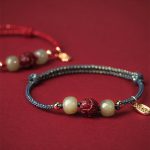 Buddha Stones 14K Gold Plated Hetian Jade Cinnabar Lotus Luck Handcrafted Rope Bracelet Bracelet BS 8