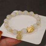 Buddha Stones Year Of The Dragon Red Agate Strawberry Quartz Black Obsidian Jade Garnet Pearl Cinnabar Dumpling Dragon Luck Fu Character Bracelet Bracelet BS White Agate(Wrist Circumference 14-19cm)