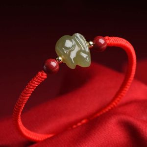 Year of the Rabbit Hetian Jade Bunny Cinnabar Beaded Abundance String Bracelet Bracelet BS Red