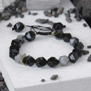Buddha Stones Black Obsidian Black Glitter Stone Purification Bracelet Bracelet BS Prismatic Beads 14-17cm