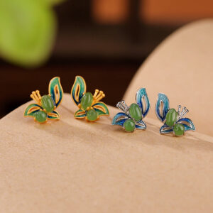 Buddha Stones 925 Sterling Silver Plated Gold Natural Cyan Jade Butterfly Luck Healing Earrings Earrings BS main