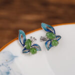 Buddha Stones 925 Sterling Silver Plated Gold Natural Cyan Jade Butterfly Luck Healing Earrings Earrings BS 9