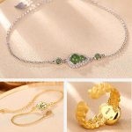 Buddha Stones 925 Sterling Silver Plated Gold Natural Hetian Cyan Jade Gourd Luck Bracelet Ring Set Bracelet Necklaces & Pendants BS 11