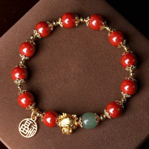 Buddha Stones Year of the Dragon Natural Cinnabar Fu Character Charm Blessing Bracelet Bracelet BS main