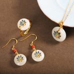 Buddha Stones 925 Sterling Silver Natural Hetian White Jade Peacock Blessing Necklace Pendant Ring Earrings Set Bracelet Necklaces & Pendants BS 3Pcs(Necklace&Ring&Earrings)