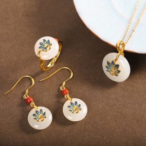 Buddha Stones 925 Sterling Silver Natural Hetian White Jade Peacock Blessing Necklace Pendant Ring Earrings Set Bracelet Necklaces & Pendants BS 3Pcs(Necklace&Ring&Earrings)
