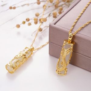 Buddhastoneshop Jade Dragon Phoenix Copper Blessing Harmony Necklace Pendant