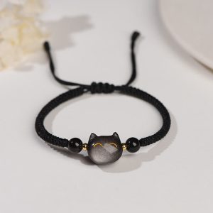 Buddha Stones Handmade Natural Silver Sheen Obsidian Strawberry Quartz Cute Cat Protection Braided Bracelet Bracelet BS Silver Sheen Obsidian(Communication♥Soothing) Smiling Cat