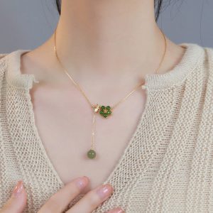 Buddha Stones 925 Sterling Silver Hetian Cyan Jade Plum Flower Blossom Design Luck Necklace Pendant Necklaces & Pendants BS Cyan Jade(Success♥Healing)