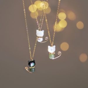 Buddha Stones 14K Gold Plated Pearl Hetian Jade Shell Luck Cat Kitten Necklace Pendant Necklaces & Pendants BS main