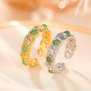 Buddha Stones 925 Sterling Silver Plated Gold Cyan Jade Braided Design Success Luck Adjustable Ring Ring BS main