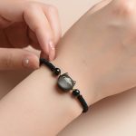 Buddha Stones Handmade Natural Silver Sheen Obsidian Strawberry Quartz Cute Cat Protection Braided Bracelet Bracelet BS 3
