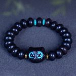 Buddha Stones Ebony Wood Liuli Glass Lovely Cat Peace Balance Bracelet Bracelet BS 5