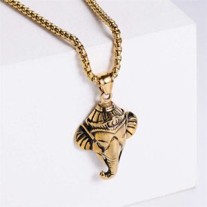 Buddha Stones Ganesh Ganpati Elephant Titanium Steel Protection Pendant Necklace Necklaces & Pendants BS Gold