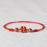 Buddha Stones Four Leaf Clover Cinnabar Blessing Calm String Bracelet Anklet Bracelet BS Red Anklet Circumference 18-32cm